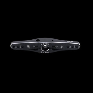 Black billet dual sided servo horn with the AGFRC logo, designed for 1/5 scale servo applications.