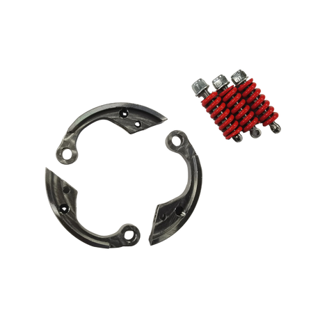 Mechanical components including a spring and metal plates on a white background