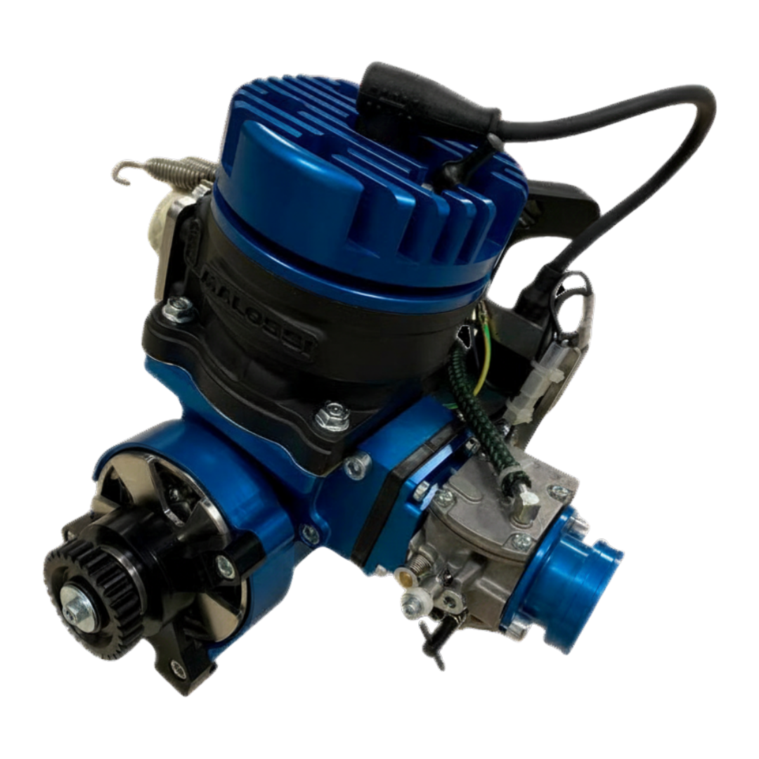 ALX 85 Malossi MCD XR5 MAX Kit engine in blue anodised, front view (the clutch/bell side), with black cylinder and carburettor