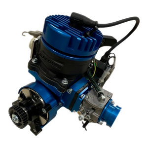 ALX 85 Malossi MCD XR5 MAX Kit engine in blue anodised, front view (the clutch/bell side), with black cylinder and carburettor