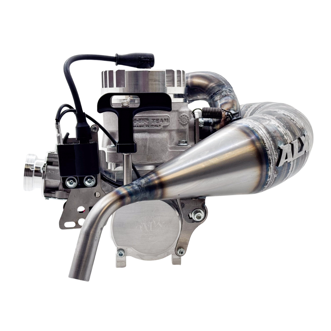 Rear angled view of ALX 85cc Malossi GSR46 GoPed engine kit with exhaust pipe