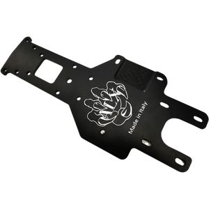 Black metal chassis with white logo and text on a white background