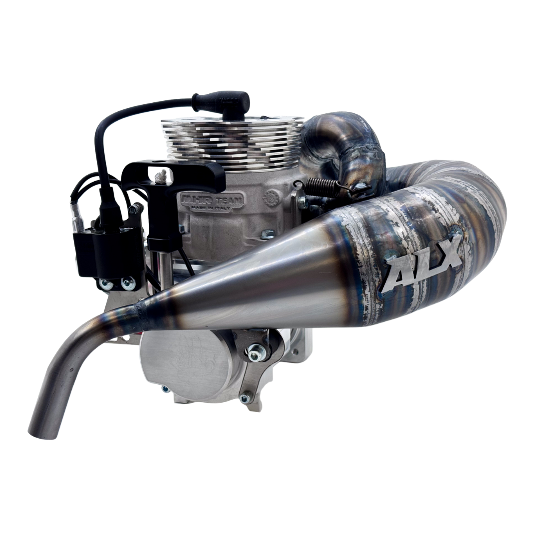 ALX Brutale 96cc Malossi GSR46 GoPed engine kit shown at an angle with exhaust pipe fitted
