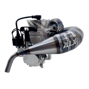 ALX Brutale 96cc Malossi GSR46 GoPed engine kit shown at an angle with exhaust pipe fitted