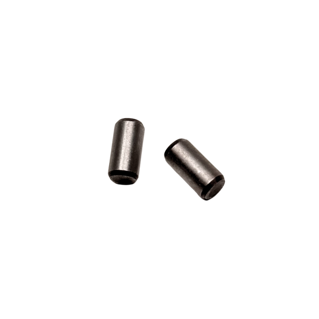 ALX crank case dowel set of 2 hardened steel dowel pins, close-up view showing their cylindrical shape and chamfered ends