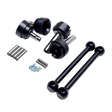 Set of black mechanical components on a white background