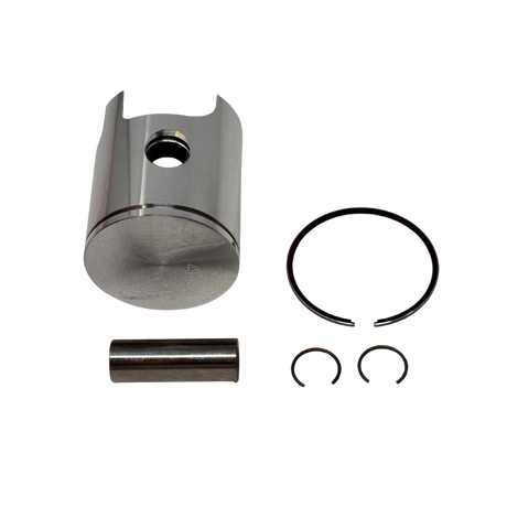 Mechanical components including a piston, rings, and a cylinder on a white background