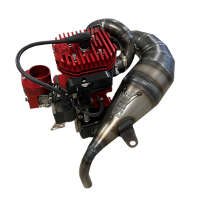 Red engine block with black exhaust pipe on a white background