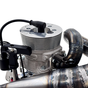 Close-up of raw silver billet cylinder head on ALX Performante 71cc Malossi GSR46 GoPed engine kit