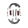 Mechanical parts including metal brackets, springs, and screws on a white background