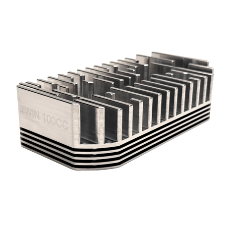 billet heat sink head with 'Twin 100CC' branding on a white background