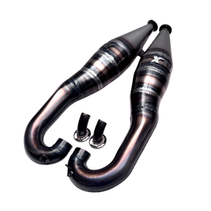 Pair of metallic exhaust pipes on a white background