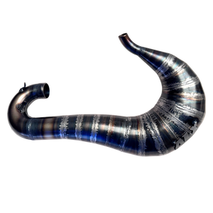 Metallic curved exhaust pipe on a white background