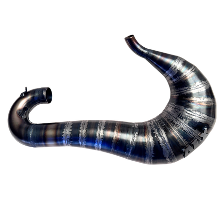 Metallic curved exhaust pipe on a white background