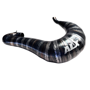 Black and silver curved exhaust pipe with 'ALX' branding on a white background
