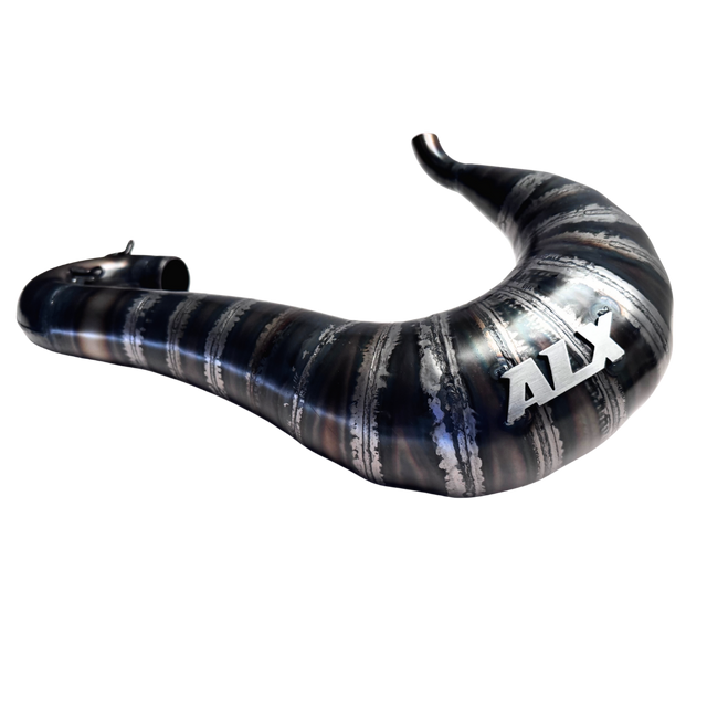 Black and silver curved exhaust pipe with 'ALX' branding on a white background