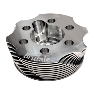 Metallic engine block with 'Brutale' branding on a white background