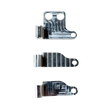 Three metal brackets on a white background