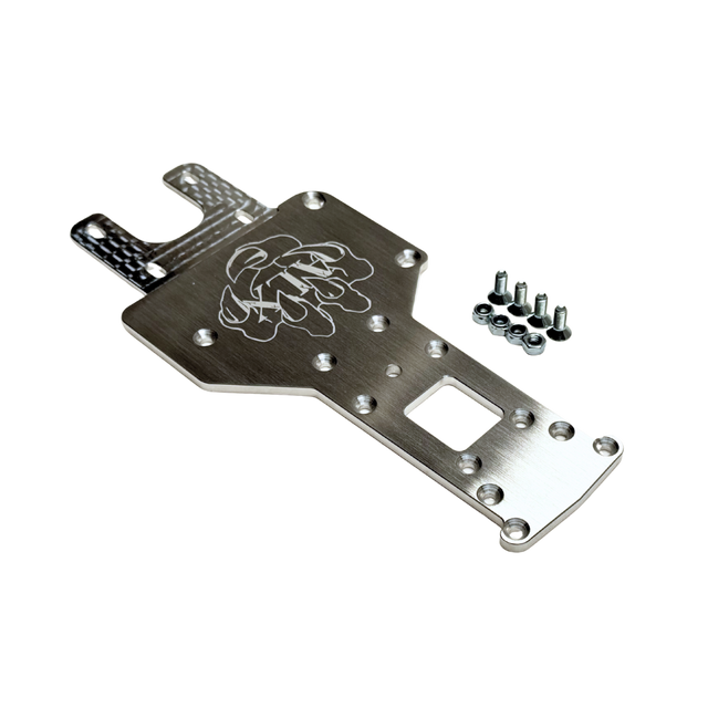 Metal chassis plate with screws on a white background