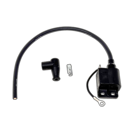 Black ignition coil with wiring on a white background