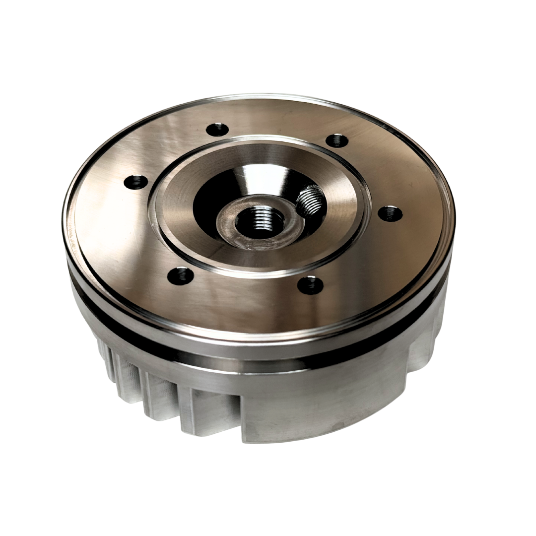 Metallic flywheel on a white background