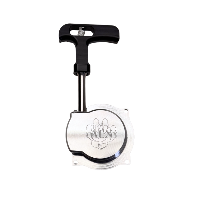 Black and silver pull start with a logo on a white background