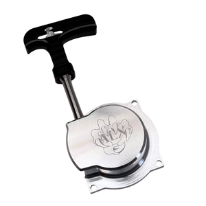 Metallic pull starter with a black handle on a white background