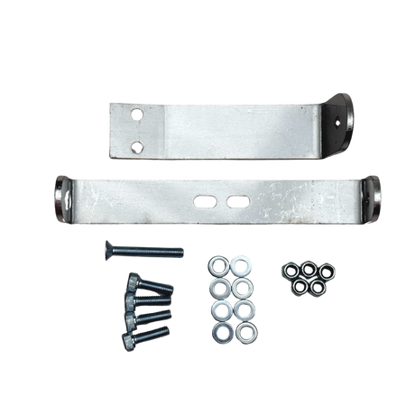 Metal brackets and fasteners on a white background