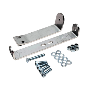 Metal brackets with screws and washers on a white background