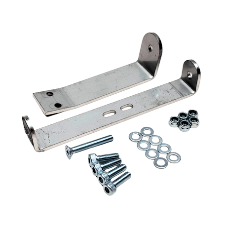 Metal brackets with screws and washers on a white background