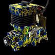 Blue and yellow engine block with visible branding on a black background
