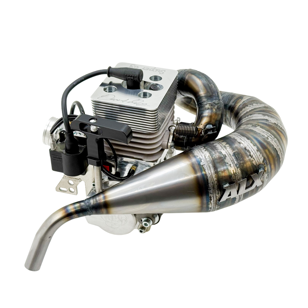 Rear angled view of ALX Super 63 Malossi GSR46 GoPed engine kit with ALX branded exhaust pipe
