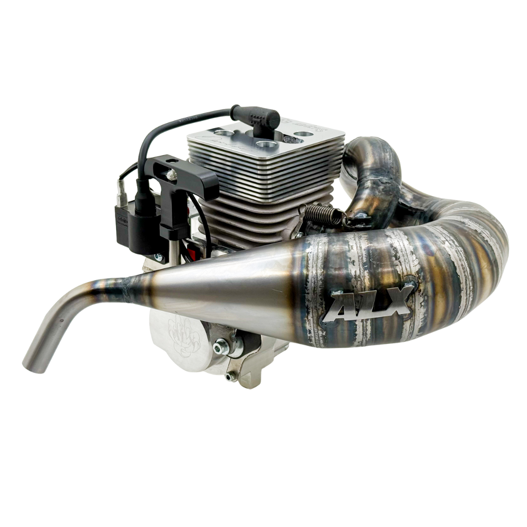 Rear view of ALX Super 63 Malossi GSR46 GoPed engine kit showing ALX branded exhaust pipe and clutch
