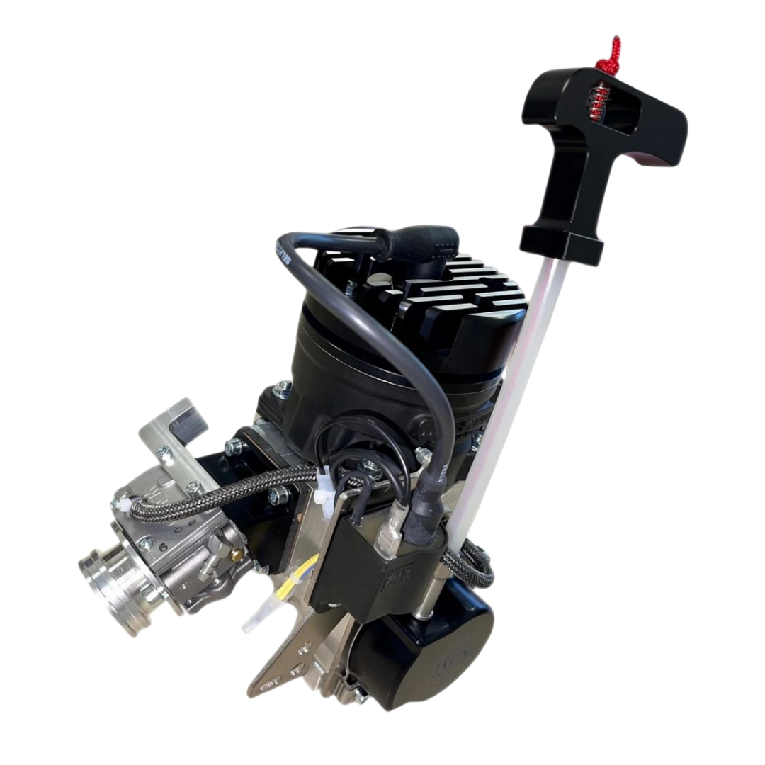 Mechanical device with various components on a black background