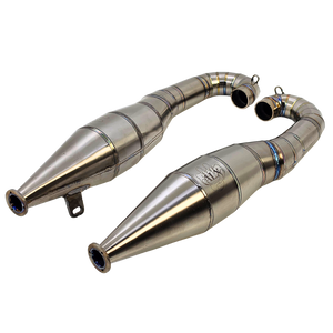 Pair of ALX titanium 80-100cc custom Baja twin exhaust pipes shown at an angle with ALX logo etching