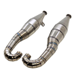 ALX titanium 80-100cc custom Baja twin exhaust pipes shown at an angle from the rear side with header bends