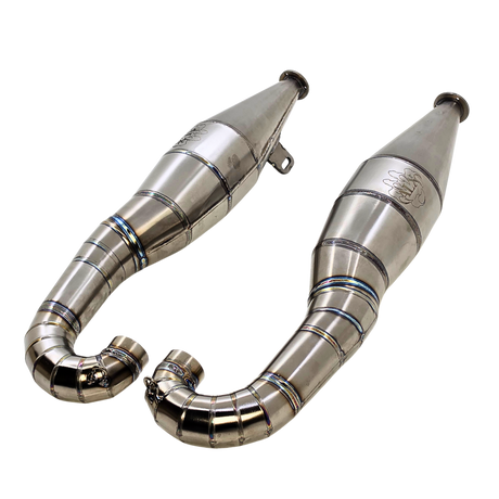 ALX titanium 80-100cc custom Baja twin exhaust pipes shown at an angle from the rear side with header bends