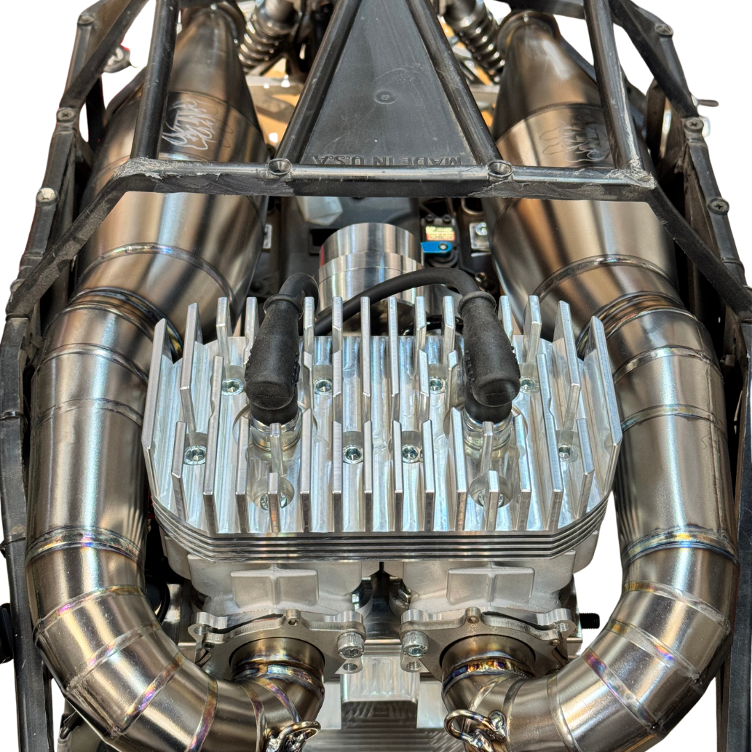 back angle of the twin titanium exhaust setup installed i