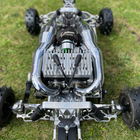 ALX Twin 80cc polished engine installed in HPI Baja buggy chassis