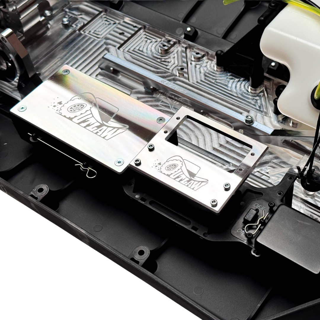 Taylor RC Complete Outlaw V4 Billet Hybrid Slider, close-up top view of the OUTLAW branded billet servo tray