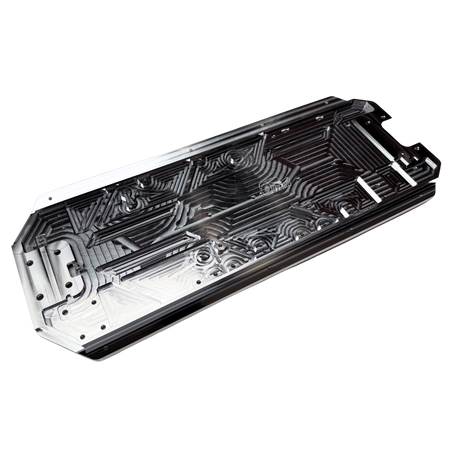 Taylor RC OUTLAW V4 main chassis plate in raw silver, angled view from the rear showing the pocketed top face and stepped mounting cutout