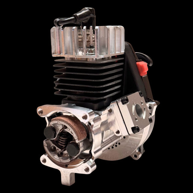 A Beast RC 34cc Billet Case Reed Engine, featuring a black and silver color scheme with visible gears and wiring.
