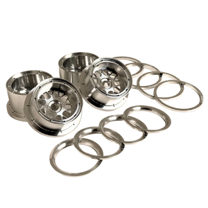 Beast RC Baja 5B complete billet wheel set with 8-piece beadlocks, angled view showing the wide 5B rear wheels with hidden-bolt beadlock rings