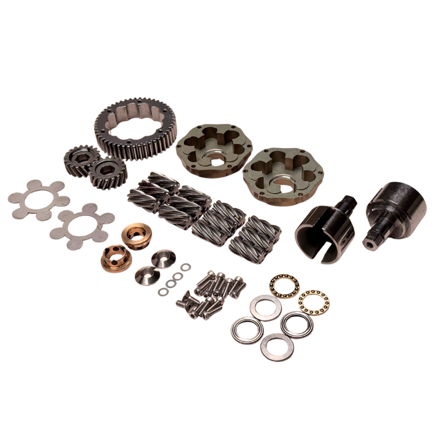 Collection of mechanical parts including gears and bearings on a white background