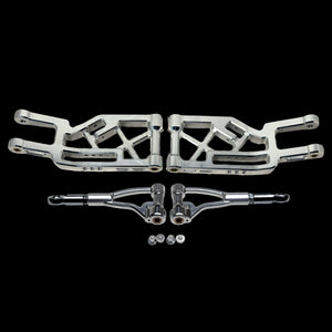 Set of metal suspension components on a black background