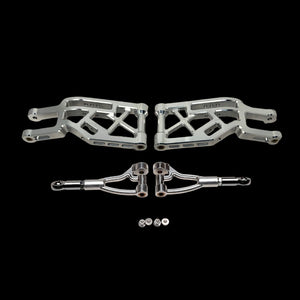 Set of metal suspension components on a black background