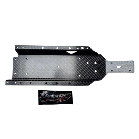 Top-down view of Uber RC HPI Baja carbon fibre HD chassis with UberRC logo decal