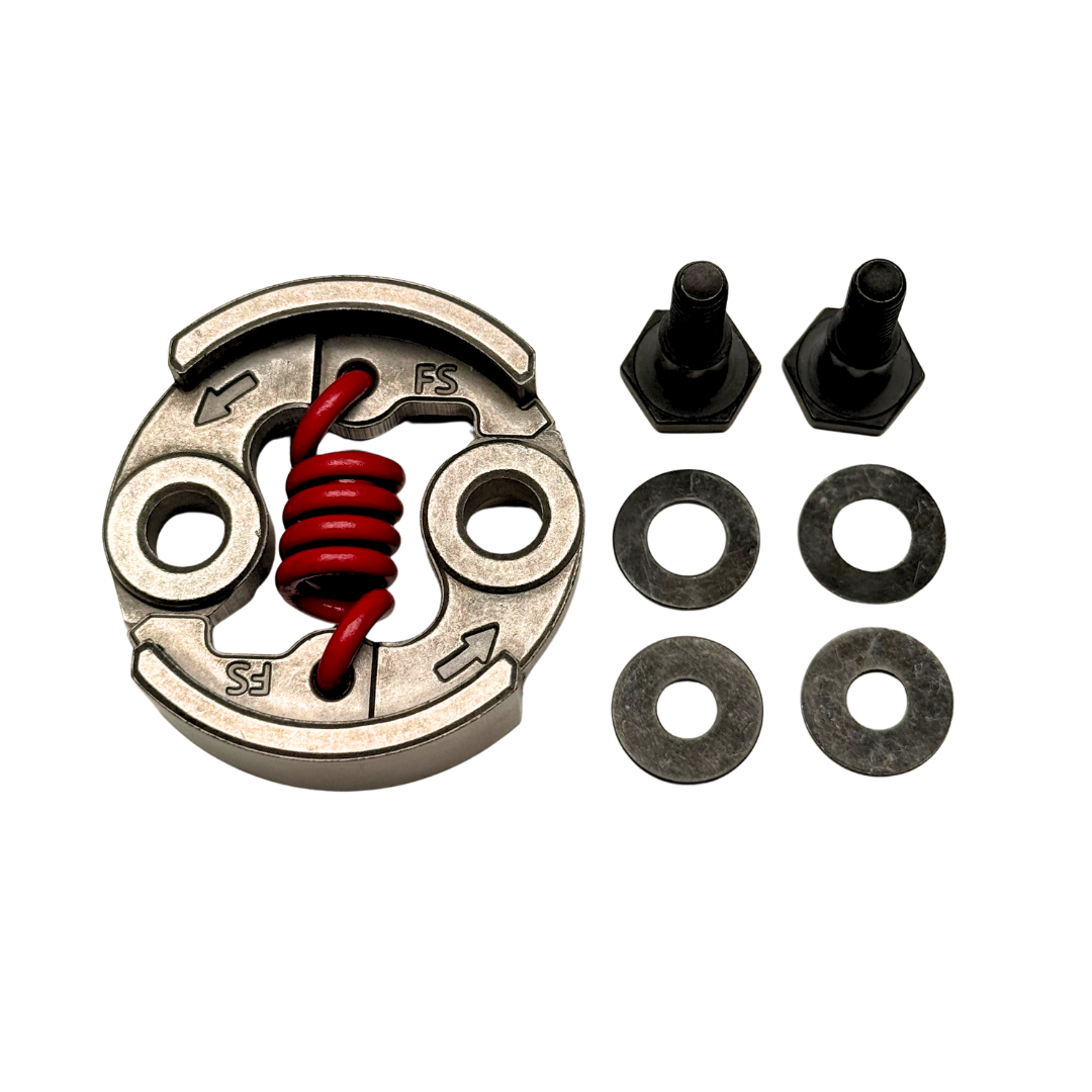 Mechanical component with red spring and black parts on a white background