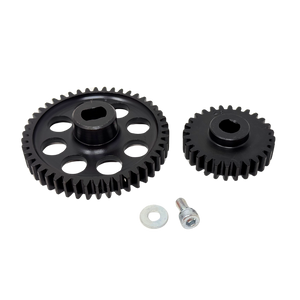 Two black gears with a bolt on a white background