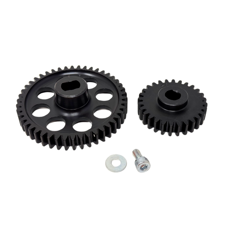 Two black gears with a bolt on a white background